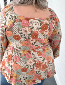 Pre-Order Khaki Plus Size Flower Print Square Neck Peplum Blouse