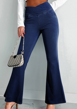 Load image into Gallery viewer, Pre-Order Dusk Blue Solid Crossed Waist High Elastic Fit Flare Knit Jeans