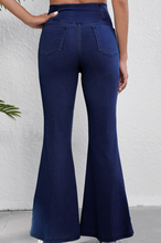 Load image into Gallery viewer, Pre-Order Dusk Blue Solid Crossed Waist High Elastic Fit Flare Knit Jeans