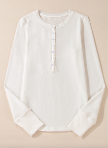 White Solid Color Waffle Half Button Long Sleeve Top