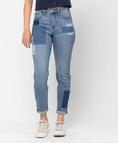 Judy Blue Double Rolled Patch Boyfriend Jeans