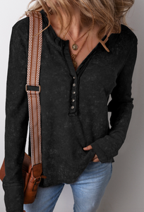 Black Acid Wash Waffle Knit Buttoned Neckline Long Sleeve Top