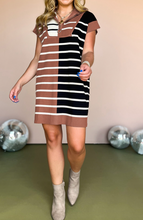 Load image into Gallery viewer, Pre-Order  Stripe Color Block Quarter Zip Collar Short Sleeve Sweater Dress