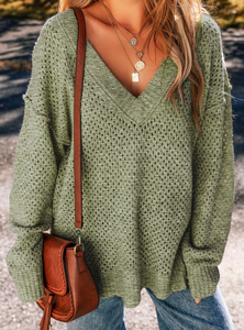 Green Loose Eyelet V Neck Drop Shoulder Sweater