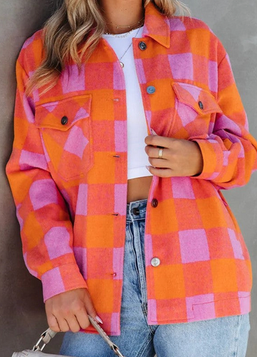 Orange Plaid Chest Pockets Button-up Turn Down Collar Jacket