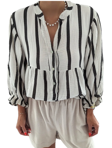 Black Stripe Crinckled Ruffled Sleeve Button up Loose Shirt-Order