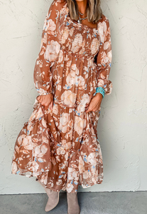 Pre-Order Brown Floral Print Shirred Square Neck High Waist Maxi Dress