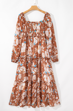 Load image into Gallery viewer, Pre-Order Brown Floral Print Shirred Square Neck High Waist Maxi Dress