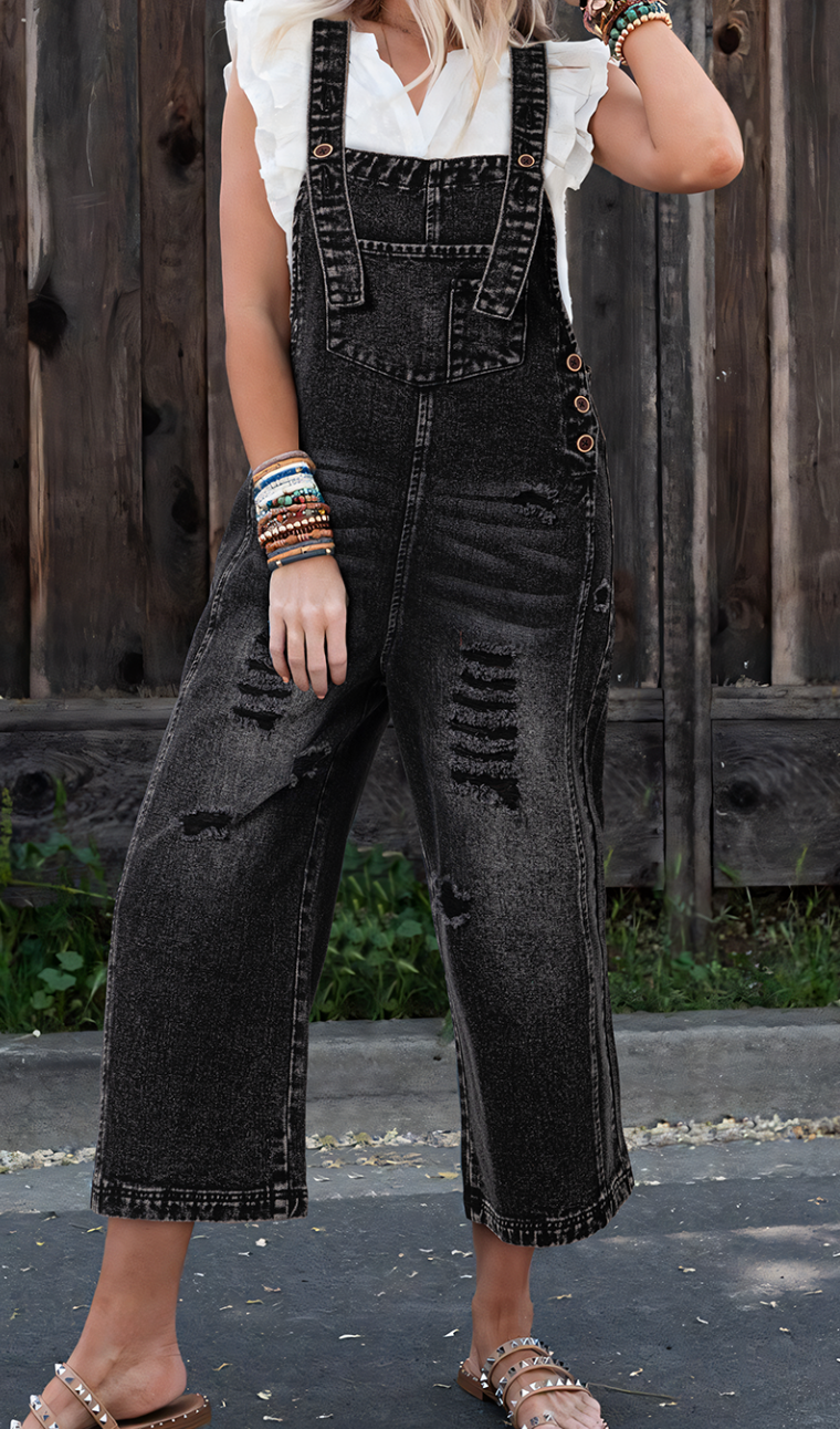 Pre-Order Black Distressed Bib Pocket Wide Leg Denim Overall