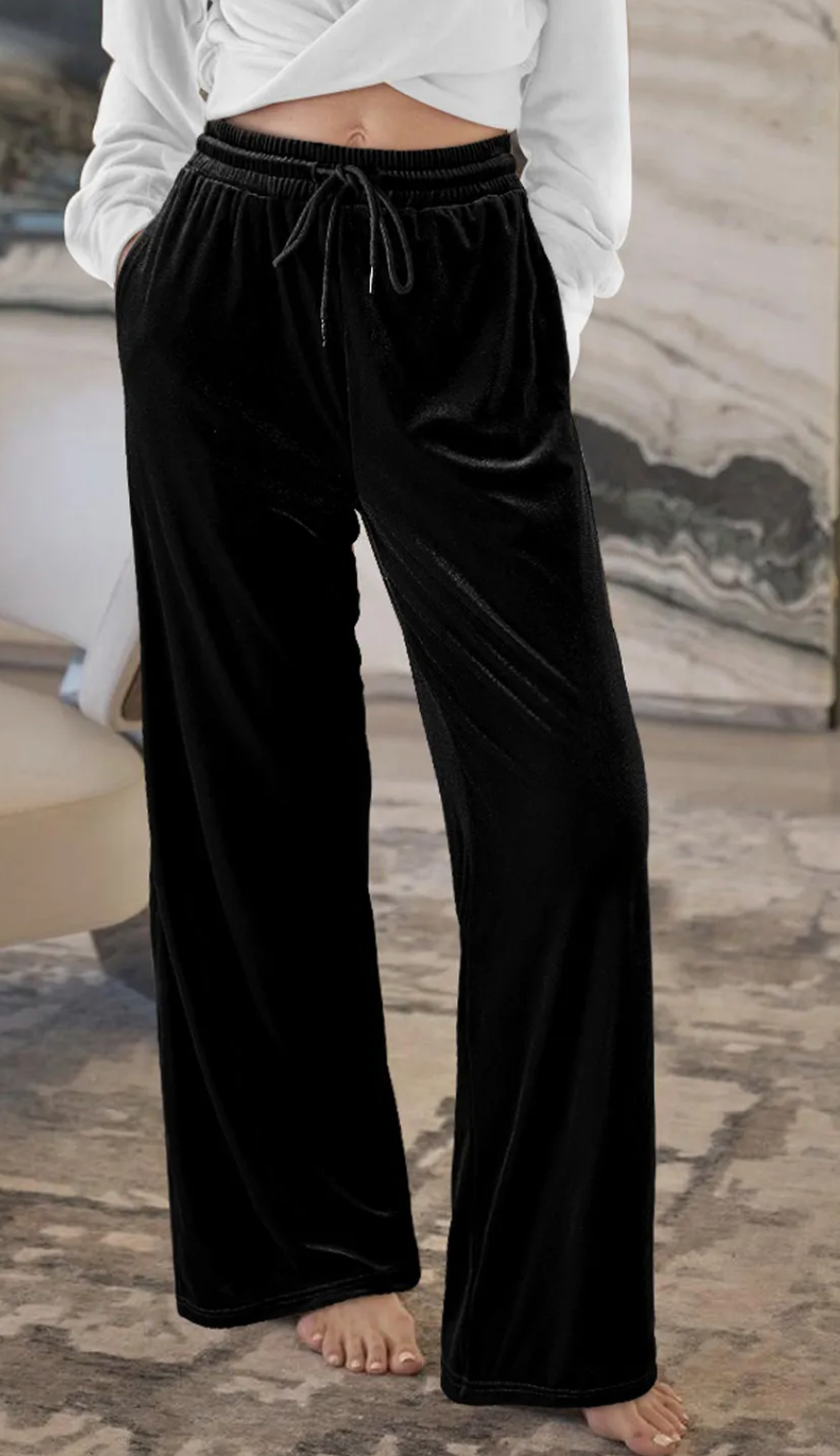 Black Velvet Drawstring Waist Wide Leg Pants