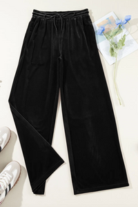 Black Velvet Drawstring Waist Wide Leg Pants