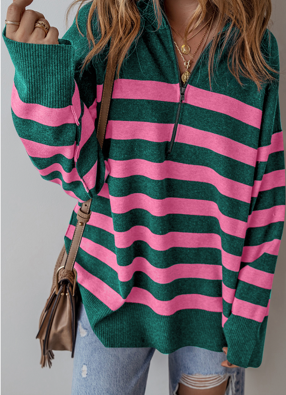 Green Collared Quarter Zipper Oversized Sweater