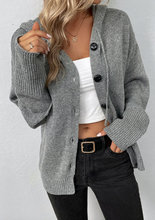 Load image into Gallery viewer, Pre-Order Medium Grey Drawstring Hooded Button Up Drop Shoulder Sweater Cardigan