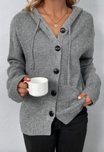 Load image into Gallery viewer, Pre-Order Medium Grey Drawstring Hooded Button Up Drop Shoulder Sweater Cardigan