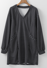 Load image into Gallery viewer, Pre-Order Black Striped V Neck Long Puff Sleeve Shift Dress