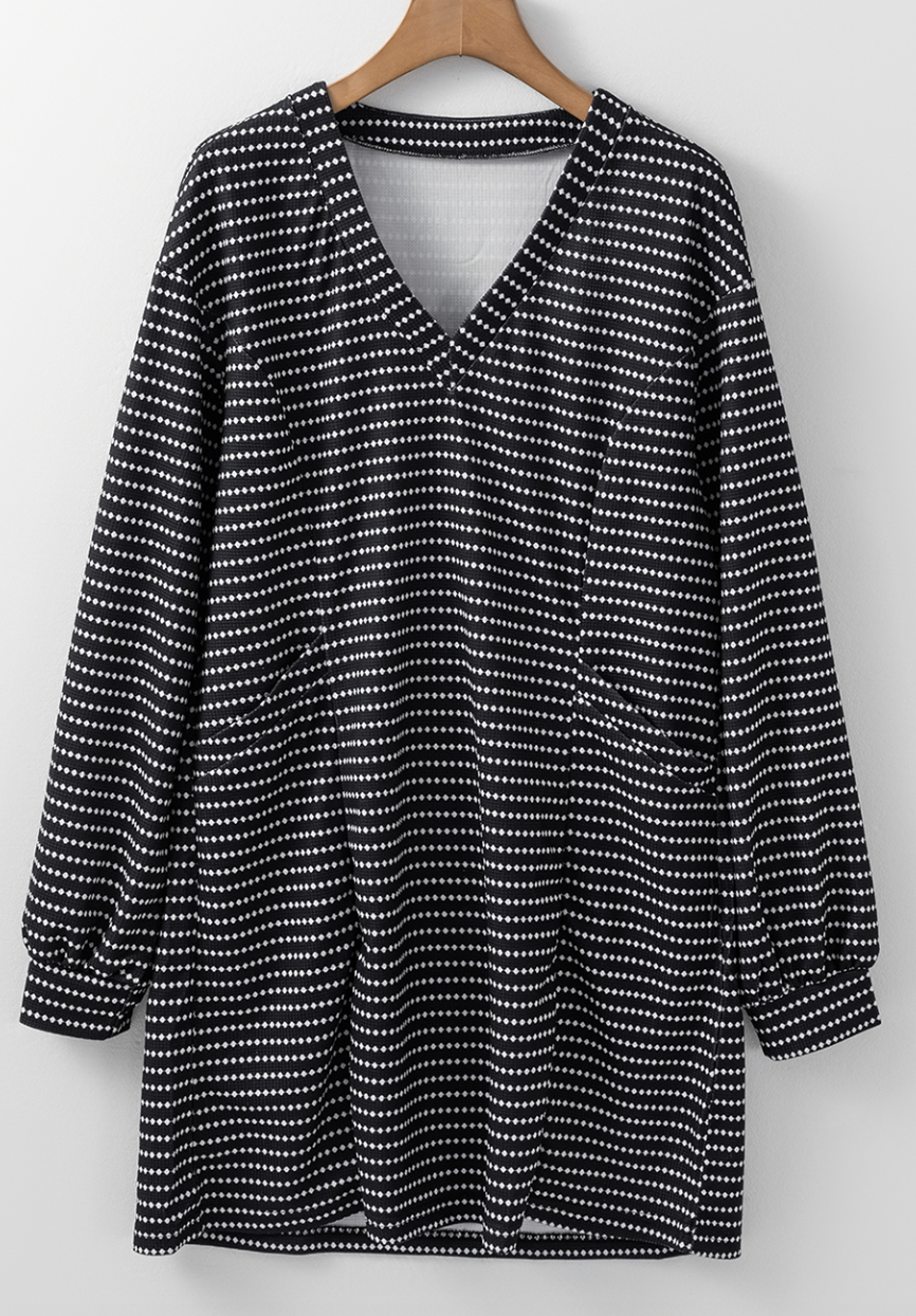 Pre-Order Black Striped V Neck Long Puff Sleeve Shift Dress