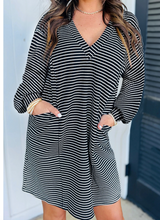 Load image into Gallery viewer, Pre-Order Black Striped V Neck Long Puff Sleeve Shift Dress