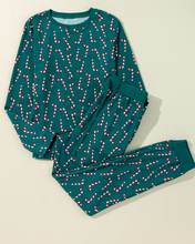 Load image into Gallery viewer, Green Christmas Candy Cane Printed Top and Pants Lounge Set