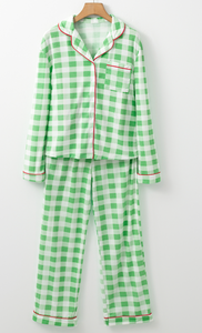 Pre-Order Green Plaid Print Contrast Trim Long Sleeve Pajama Set