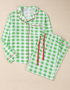 Pre-Order Green Plaid Print Contrast Trim Long Sleeve Pajama Set