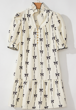 Load image into Gallery viewer, Pre-Order Beige Cute Bowknot Printed Bubble Sleeve V Neck Mini Dress