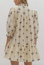 Load image into Gallery viewer, Pre-Order Beige Cute Bowknot Printed Bubble Sleeve V Neck Mini Dress