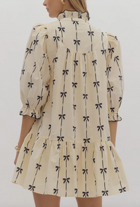 Pre-Order Beige Cute Bowknot Printed Bubble Sleeve V Neck Mini Dress