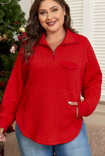 Load image into Gallery viewer, Pre-Order Tomato Red Cable Textured Quarter Zip Pocketed Plus Size Pullover