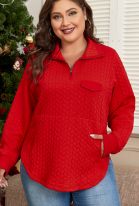 Pre-Order Tomato Red Cable Textured Quarter Zip Pocketed Plus Size Pullover