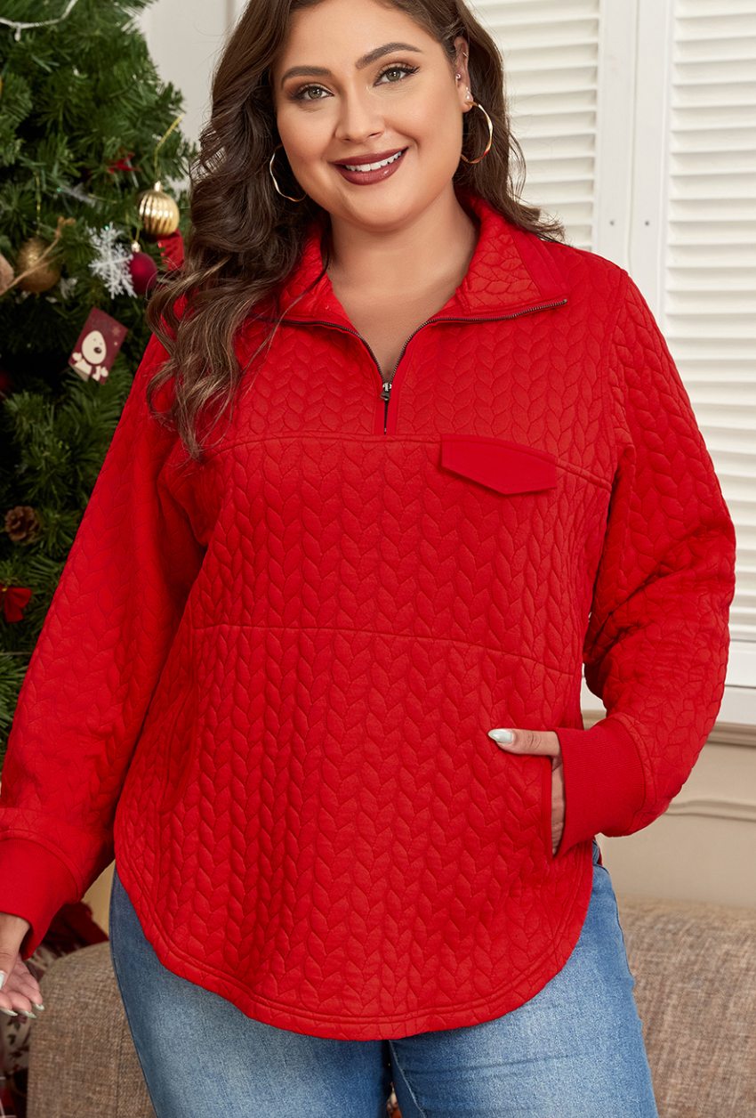 Pre-Order Tomato Red Cable Textured Quarter Zip Pocketed Plus Size Pullover