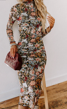 Load image into Gallery viewer, Brown Floral Allover Print Mock Neck Bodycon Long Sleeve Midi Dress