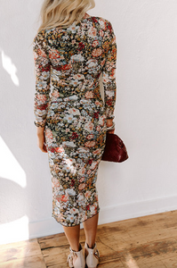 Brown Floral Allover Print Mock Neck Bodycon Long Sleeve Midi Dress