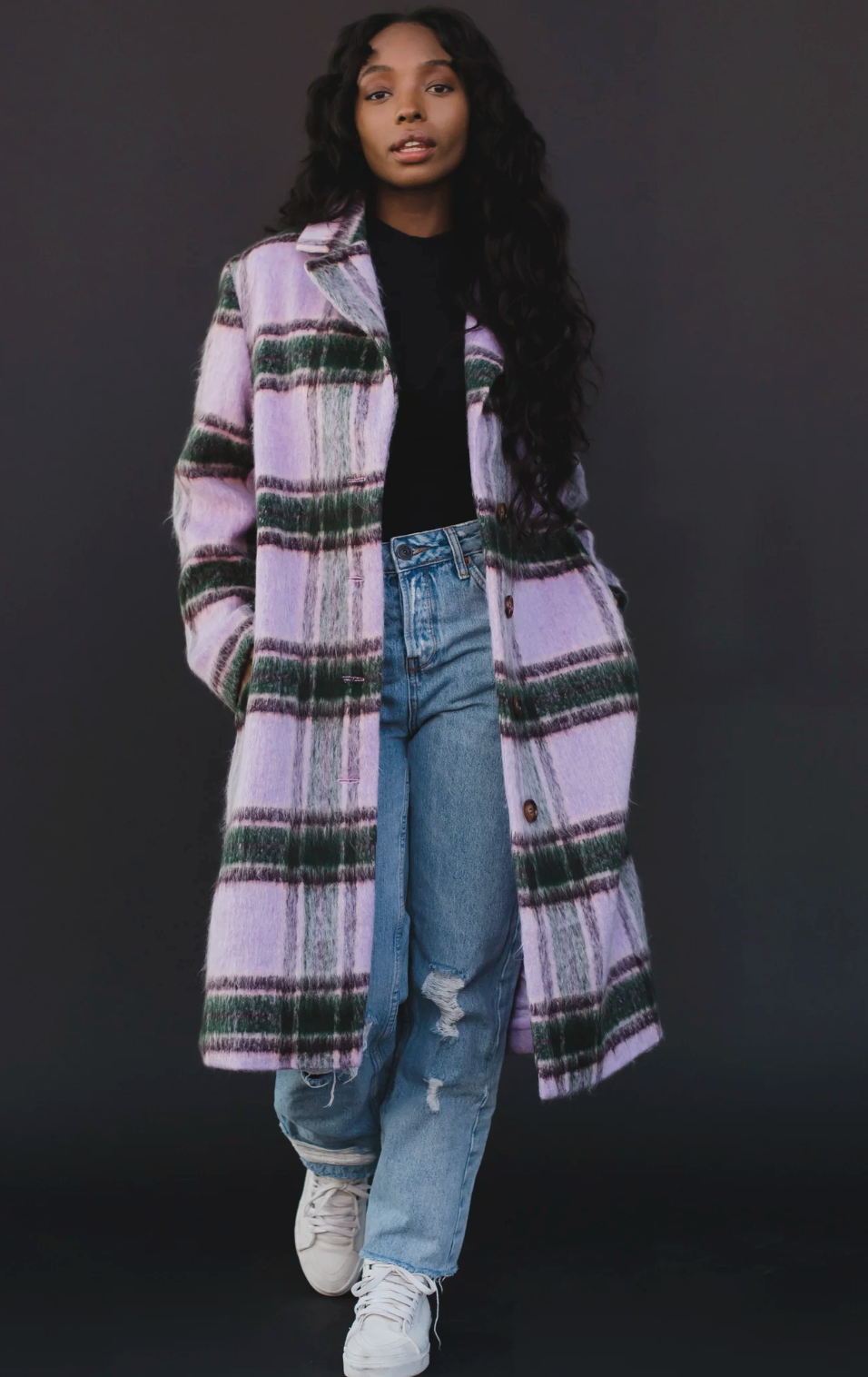 Lilac Plaid Button Coat