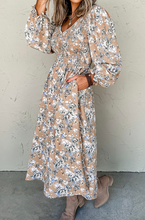 Load image into Gallery viewer, Pre-Order Khaki Maple Grove Floral Smocked Puff Sleeve Long Dress