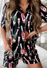 Load image into Gallery viewer, Pre-Order Black Champagne Print Silky Short Sleeve Pajamas Set