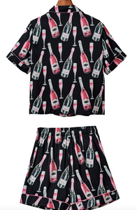 Pre-Order Black Champagne Print Silky Short Sleeve Pajamas Set