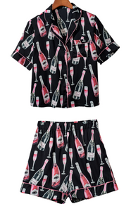 Pre-Order Black Champagne Print Silky Short Sleeve Pajamas Set