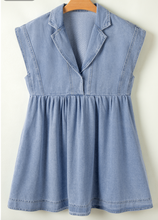 Load image into Gallery viewer, Pre-Order Beau Blue Lapel Neck Cap Sleeve High Waist Denim Babydoll Dress