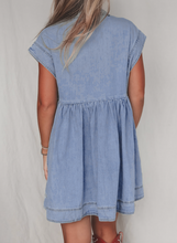 Load image into Gallery viewer, Pre-Order Beau Blue Lapel Neck Cap Sleeve High Waist Denim Babydoll Dress