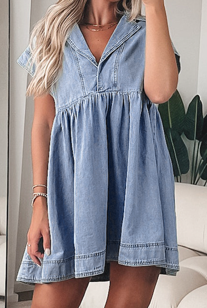 Pre-Order Beau Blue Lapel Neck Cap Sleeve High Waist Denim Babydoll Dress