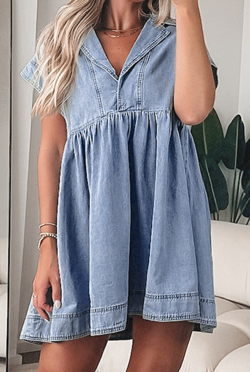 Pre-Order Beau Blue Lapel Neck Cap Sleeve High Waist Denim Babydoll Dr –  Worn & Refined