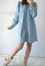 Load image into Gallery viewer, Pre-Order Ruffled V Neck Buttoned Shift Denim Dress