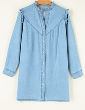 Load image into Gallery viewer, Pre-Order Ruffled V Neck Buttoned Shift Denim Dress