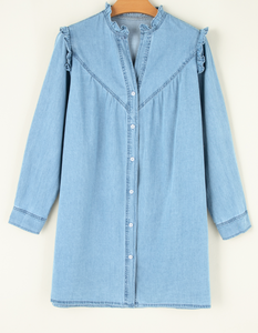 Pre-Order Ruffled V Neck Buttoned Shift Denim Dress