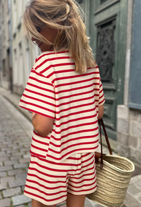 Pre-Order Red Stripe Lace-up Front Top and High Waist Shorts Set