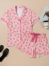 Load image into Gallery viewer, Pink Christmas Candy Cane Print Pocketed Knotted Pajama Set