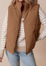 Load image into Gallery viewer, Pre-Order Coffee Corduroy Stand Neck Zipped Puffer Vest