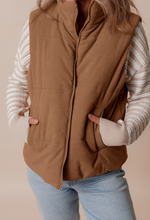 Load image into Gallery viewer, Pre-Order Coffee Corduroy Stand Neck Zipped Puffer Vest