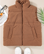 Load image into Gallery viewer, Pre-Order Coffee Corduroy Stand Neck Zipped Puffer Vest