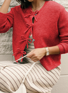 Pre-Order Red Ribbed Knit Bow Front Buttoned Cardigan